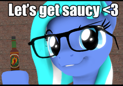 Size: 771x537 | Tagged: safe, artist:star-lightstarbright, imported from derpibooru, oc, oc only, oc:starlight starbright, pony, 3d, bad pun, food, glasses, lip bite, pun, sauce, solo, valentine's day