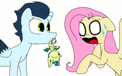 Size: 1024x640 | Tagged: safe, artist:doodletheexpoodle, imported from derpibooru, fluttershy, soarin', oc, oc:whistle tune, bat pony, pegasus, pony, female, male, mouth hold, next generation, offspring, parent:fluttershy, parent:soarin', parents:soarinshy, shipping, simple background, soarinshy, straight, sweat, upside down, white background