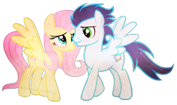 Size: 1260x750 | Tagged: safe, artist:bluerosearrow, imported from derpibooru, fluttershy, soarin', pegasus, pony, base used, blushing, female, male, shipping, simple background, soarinshy, straight, transparent background, vector, walking