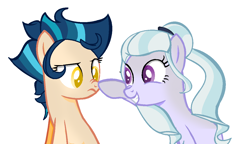 Size: 1202x690 | Tagged: safe, artist:ravenrebel56, artist:starchase-bases, imported from derpibooru, indigo zap, sugarcoat, pony, equestria girls, base used, boop, colored pupils, duo, equestria girls ponified, nose wrinkle, ponified, simple background, white background