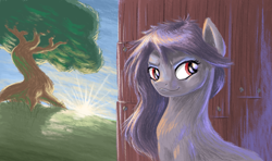 Size: 1024x608 | Tagged: safe, artist:zookz25, imported from derpibooru, oc, oc only, earth pony, pony, female, mare, solo, sunrise, tree