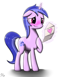 Size: 3000x3800 | Tagged: safe, artist:laffy372, imported from derpibooru, sea swirl, seafoam, pony, blushing, female, glowing horn, heart, magic, shadow, simple background, smiling, solo, telekinesis, valentine's day, valentine's day card, white background