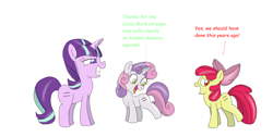 Size: 2024x1024 | Tagged: safe, artist:starlightflopple, imported from derpibooru, apple bloom, starlight glimmer, sweetie belle, pony, equal cutie mark, equalized, evil grin, grin, simple background, smiling, this will end in communism, trio, white background