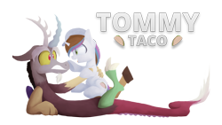 Size: 3840x2160 | Tagged: safe, artist:opticspectrum, imported from derpibooru, discord, oc, oc:tommy taco, pony, unicorn, boop, high res, holding a pony, simple background, transparent background