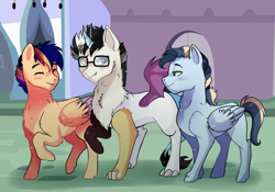 Size: 1024x716 | Tagged: safe, artist:hikariviny, imported from derpibooru, oc, oc only, oc:chaotic, oc:charming heart, oc:starry gleam, draconequus, hybrid, pegasus, pony, interspecies offspring, male, offspring, parent:discord, parent:flash sentry, parent:princess cadance, parent:princess celestia, parent:shining armor, parent:twilight sparkle, parents:dislestia, parents:flashlight, parents:shiningcadance, stallion, walking