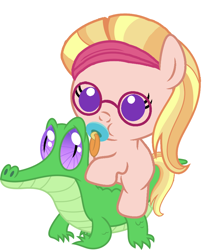 Size: 886x1017 | Tagged: safe, artist:red4567, imported from derpibooru, gummy, honey lemon, pony, baby, baby pony, cute, glasses, honey lemon riding gummy, pacifier, ponies riding gators, riding, simple background, white background