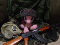 Size: 800x600 | Tagged: safe, artist:helloolaahoj, imported from derpibooru, pinkie pie, pony, airsoft, ak-47, assault rifle, build-a-bear, gas mask, gun, hat, irl, mask, photo, plushie, rifle, solo, ushanka, weapon