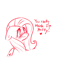 Size: 640x640 | Tagged: safe, artist:spottyfreak, deleted from derpibooru, imported from derpibooru, fluttershy, blushing, bust, cute, dialogue, floppy ears, monochrome, shyabetes, simple background, sketch, smiling, solo, white background