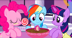 Size: 1360x730 | Tagged: safe, imported from derpibooru, screencap, pinkie pie, rainbow dash, twilight sparkle, pony, sweet and elite, apple, birthday dress, bowl, candy, chocolate, food, lollipop, magic, mouth hold, trio