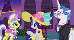 Size: 1360x730 | Tagged: safe, imported from derpibooru, screencap, fancypants, rarity, upper crust, pony, sweet and elite, clothes, dress, hat, monocle, scrunchy face, skunk stripe, suit