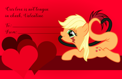 Size: 3156x2028 | Tagged: safe, artist:badumsquish, derpibooru exclusive, imported from derpibooru, applejack, oc, oc only, monster pony, original species, tatzlpony, bedroom eyes, female, heart, looking at you, prehensile tail, prehensile tongue, prone, smiling, solo, species swap, tatzljack, valentine, valentine's day, valentine's day card