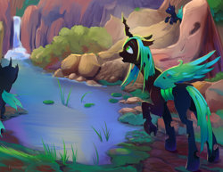 Size: 2200x1700 | Tagged: safe, artist:viwrastupr, imported from derpibooru, queen chrysalis, changeling, changeling queen, female, flying, lake, looking up, open mouth, scenery, water, waterfall