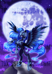 Size: 900x1286 | Tagged: safe, artist:toxicstarstudio, imported from derpibooru, nightmare moon, pony, female, mare in the moon, moon, night, rearing, solo, spread wings, stars, watermark