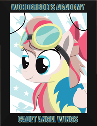 Size: 2550x3300 | Tagged: safe, artist:samoht-lion, edit, imported from derpibooru, angel wings, pegasus, pony, top bolt, bow, bust, clothes, female, goggles, hair bow, lineless, mare, picture frame, portrait, smiling, solo, uniform, wings, wonderbolt trainee uniform