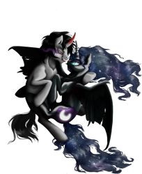 Size: 3211x3942 | Tagged: safe, artist:shagonese, imported from derpibooru, king sombra, nightmare moon, female, hug, looking at each other, lumbra, male, shipping, simple background, sombramoon, straight, tongue out, transparent background, winghug