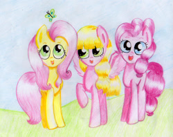 Size: 1273x1006 | Tagged: dead source, safe, artist:songbirdserenade, imported from derpibooru, fluttershy, pinkie pie, oc, butterfly, earth pony, pegasus, pony, andrea libman, colored pencil drawing, female, mare, ponified, ponysona, traditional art, trio