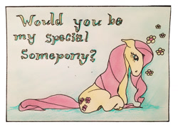 Size: 1024x734 | Tagged: safe, artist:carnivoroushorse, imported from derpibooru, fluttershy, pony, female, floppy ears, flower, grammar error, looking down, profile, sitting, solo, traditional art, valentine's day