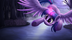 Size: 1920x1080 | Tagged: safe, artist:vanillaghosties, imported from derpibooru, part of a set, twilight sparkle, alicorn, pony, female, flying, forest, magic, moon, night, solo, spread wings, twilight sparkle (alicorn), water