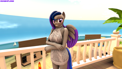 Size: 2560x1440 | Tagged: safe, artist:rainbowdashydg, artist:rdashflare, imported from derpibooru, oc, oc only, oc:shynight, anthro, 3d, backless, clothes, female, open-back sweater, sleeveless sweater, solo, source filmmaker, sweater, virgin killer sweater