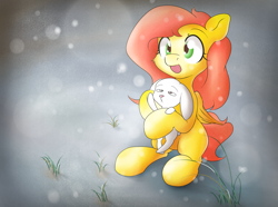 Size: 3158x2344 | Tagged: safe, artist:ando, imported from derpibooru, angel bunny, fluttershy, pegasus, pony, amazed, cute, duo, grass, happy, holding, open mouth, shyabetes, sitting, snow, snowfall