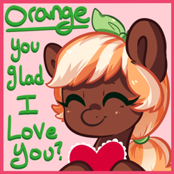 Size: 500x500 | Tagged: safe, artist:xaika, imported from derpibooru, oc, oc only, oc:orange swirl, earth pony, pony, eyes closed, female, mare, smiling, solo, valentine's day, valentine's day card