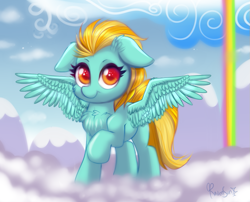 Size: 893x720 | Tagged: safe, artist:confetticakez, imported from derpibooru, lightning dust, pegasus, pony, cloud, female, floppy ears, looking at you, mare, rainbow waterfall, solo, spread wings