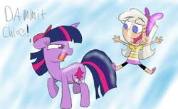 Size: 1670x1024 | Tagged: safe, artist:starlightflopple, imported from derpibooru, twilight sparkle, human, pony, chloe carmichael, crossover, duo, the fairly oddparents, timmy turner, voice actor joke