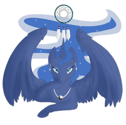 Size: 1200x1196 | Tagged: safe, artist:kourabiedes, imported from derpibooru, princess luna, alicorn, pony, dreamcatcher, ear piercing, earring, feather, female, jewelry, necklace, pearl necklace, piercing, simple background, solo, transparent background