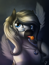 Size: 3000x4000 | Tagged: safe, artist:lupiarts, imported from derpibooru, oc, oc only, oc:sassy response, earth pony, pony, bust, candy, feather, female, food, glasses, jewelry, lollipop, mare, moon, necklace, portrait, solo