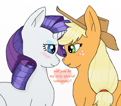 Size: 940x822 | Tagged: safe, artist:eulicious, imported from derpibooru, applejack, rarity, blushing, female, lesbian, looking at each other, rarijack, shipping, simple background, white background
