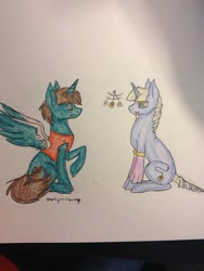 Size: 400x533 | Tagged: safe, artist:starlight-skywing, imported from derpibooru, oc, oc only, oc:frost d. tart, oc:spira trance, alicorn, pony, unicorn, alicorn oc, braid, hypnosis, hypnotized, pendulum, pendulum swing, traditional art