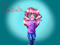 Size: 1400x1050 | Tagged: safe, artist:astroboygf, imported from derpibooru, oc, oc only, oc:contralto, equestria girls, blushing, clothes, disguised siren, equestria girls-ified, looking at you, pants, solo