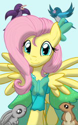 Size: 1200x1920 | Tagged: safe, artist:theroyalprincesses, imported from derpibooru, fluttershy, bird, rabbit, squirrel, clothes, dress, gala dress