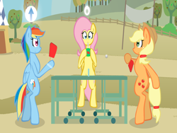 Size: 800x600 | Tagged: safe, artist:penguinpotential, imported from derpibooru, applejack, fluttershy, rainbow dash, earth pony, pegasus, pony, applejack's hat, ball, bipedal, cowboy hat, female, flash game, flutterjuice, game, hat, juice, juice box, mare, paddle, sports, table tennis, tennis, tennis ball, wings, wrong aspect ratio