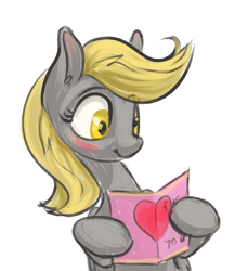 Size: 1127x1231 | Tagged: safe, artist:kovoranu, imported from derpibooru, derpy hooves, pegasus, pony, blushing, female, simple background, smiling, solo, valentine's day card, white background