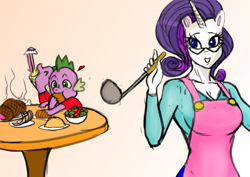 Size: 842x595 | Tagged: safe, artist:cabrony, artist:franschesco, imported from derpibooru, rarity, spike, anthro, dragon, apron, clothes, eating, food, glasses, pixiv