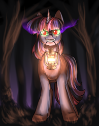 Size: 808x1038 | Tagged: safe, artist:not-ordinary-pony, imported from derpibooru, twilight sparkle, pony, corrupted twilight sparkle, dark magic, female, forest, grin, lantern, looking at you, magic, mouth hold, night, red eyes, smiling, solo, sombra eyes