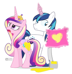 Size: 980x1008 | Tagged: safe, artist:dm29, imported from derpibooru, princess cadance, shining armor, alicorn, pony, unicorn, annoyed, butt, duo, female, handkerchief, heart, hearts and hooves day, lovebutt, male, mare, open mouth, paint, pillow, plot, simple background, stallion, transparent background, wet paint