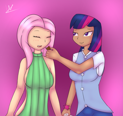 Size: 2479x2338 | Tagged: safe, artist:wolfy-pony, imported from derpibooru, fluttershy, twilight sparkle, human, backless, breasts, busty fluttershy, chocolate, clothes, cute, feeding, female, food, humanized, lesbian, open mouth, open-back sweater, pants, shipping, sideboob, sleeveless sweater, sweater, sweatershy, twishy, virgin killer sweater