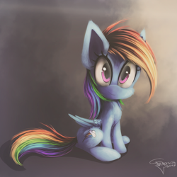 Size: 1200x1200 | Tagged: safe, artist:ferasor, imported from derpibooru, rainbow dash, pony, cute, dashabetes, female, fluffy, looking at you, signature, sitting, smiling, solo
