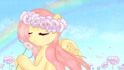 Size: 1920x1080 | Tagged: safe, artist:acgraxt, imported from derpibooru, fluttershy, pony, bust, eyes closed, female, floral head wreath, flower, flower field, hoof hold, smelling, solo, spread wings, windswept mane