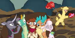Size: 1400x714 | Tagged: safe, artist:perinia, imported from derpibooru, arizona cow, oleander, paprika paca, pom lamb, tianhuo, velvet reindeer, alpaca, classical unicorn, cow, deer, lamb, longma, reindeer, sheep, unicorn, them's fightin' herds, arizona (tfh), balloon, cloven hooves, community related, eyes closed, fightin' six, frown, heart, heart balloon, hiding, ice, leonine tail, magic, oleander (tfh), one eye closed, open mouth, open smile, paprika (tfh), pom (tfh), rock, scared, smiling, telekinesis, text, tianhuo (tfh), unshorn fetlocks, valentine, valentine's day, velvet (tfh)