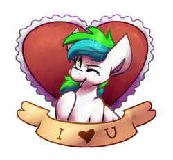 Size: 1024x942 | Tagged: safe, artist:crownedspade, imported from derpibooru, oc, oc only, oc:sorian, earth pony, pony, banner, female, heart, mare, one eye closed, solo, wink