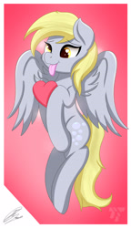 Size: 2222x3850 | Tagged: safe, artist:nexcoyotlgt, imported from derpibooru, derpy hooves, pegasus, pony, cute, derpabetes, female, heart, heart eyes, mare, signature, simple background, solo, tongue out, valentine's day, wingding eyes