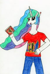 Size: 2154x3162 | Tagged: safe, artist:supahdonarudo, imported from derpibooru, princess celestia, anthro, album, breasts, cleavage, clothes, female, heart, holding, jeans, journey (band), pants, shirt, solo, t-shirt, traditional art