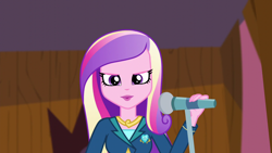 Size: 1280x720 | Tagged: safe, imported from derpibooru, screencap, princess cadance, equestria girls, friendship games, dean cadance, female, microphone, solo