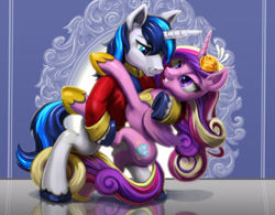 Size: 1914x1490 | Tagged: safe, artist:harwick, imported from derpibooru, princess cadance, shining armor, alicorn, pony, unicorn, bipedal, clothes, dancing, female, grin, male, mare, smiling, stallion