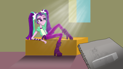 Size: 5312x2988 | Tagged: safe, artist:jongoji245, imported from derpibooru, aria blaze, equestria girls, absurd resolution, boots, clothes, crepuscular rays, draw me like one of your french girls, drawing, female, high heel boots, monochrome, pants, sketchpad, solo