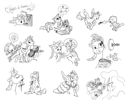 Size: 3000x2400 | Tagged: safe, artist:spectralunicorn, imported from derpibooru, princess celestia, rarity, spike, twilight sparkle, twilight velvet, alicorn, classical unicorn, dragon, pony, unicorn, armpits, black and white, blushing, bouquet, clothes, cloven hooves, comic, dress, ear piercing, earring, electric razor, eyes closed, facial hair, female, grayscale, heart, heart eyes, hearts and hooves day, jewelry, leg fluff, lesbian, levitation, magic, makeup, male, mare, monochrome, open mouth, piercing, raised hoof, shaving, shipping, shrunken pupils, simple background, sitting, speech bubble, spread wings, telekinesis, thought bubble, tongue out, twilestia, twilight sparkle (alicorn), unshorn fetlocks, white background, wingding eyes, wings