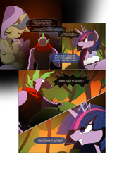 Size: 3541x5016 | Tagged: safe, artist:gashiboka, imported from derpibooru, princess gold lily, princess sterling, spike, twilight sparkle, alicorn, dragon, pony, comic:recall the time of no return, absurd resolution, comic, older, older spike, twilight sparkle (alicorn), tyrant sparkle